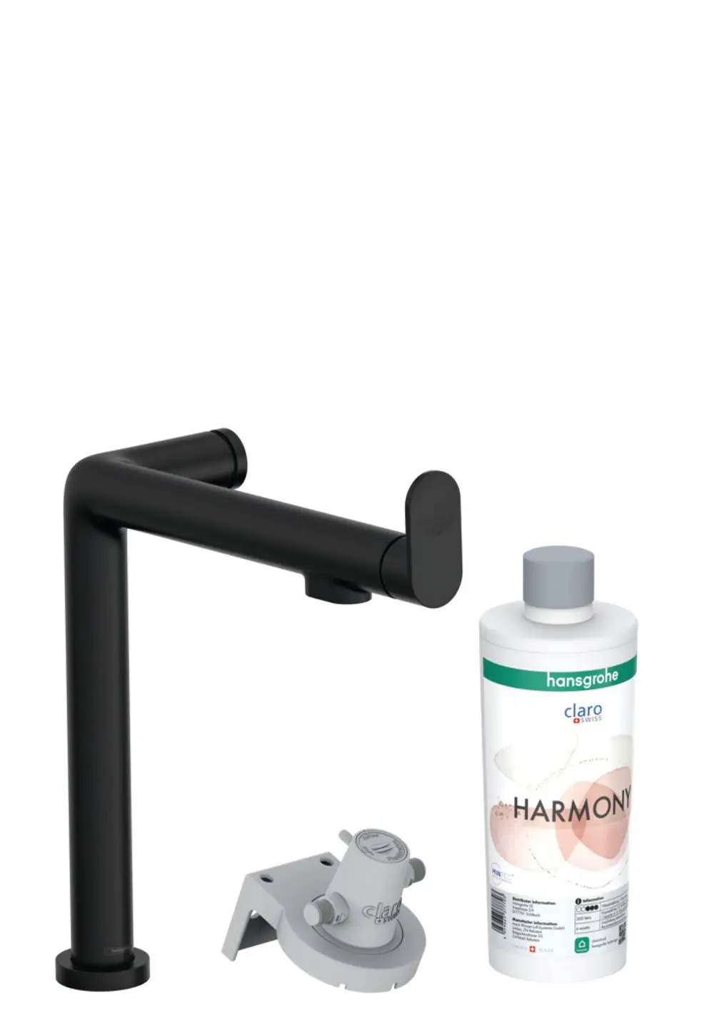 Schwarze Hansgrohe Armatur mit einem flexiblen Auslauf, kombiniert mit einem grauen Claro Wasserfilter und einer Flasche Harmony Flüssigkeit.